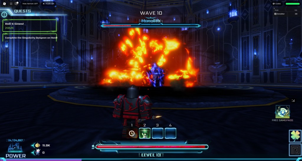 A Hunters player is firing a fireball at the boss