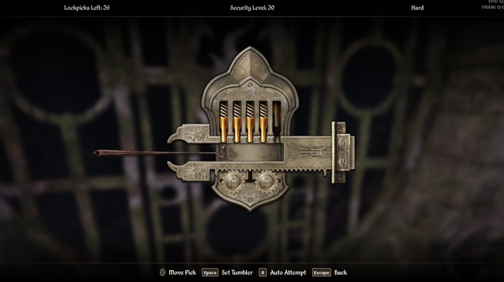 A screenshot from Oblivion Remastered showing the lock pick screen as the player attempts the first tumbler.
