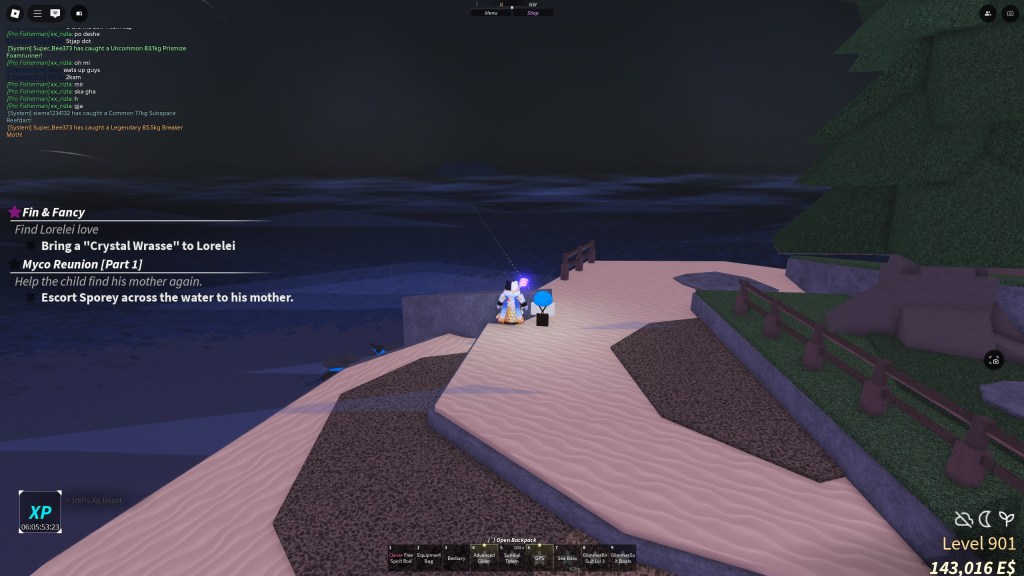 A Fish player is next to a mushroom kid npc