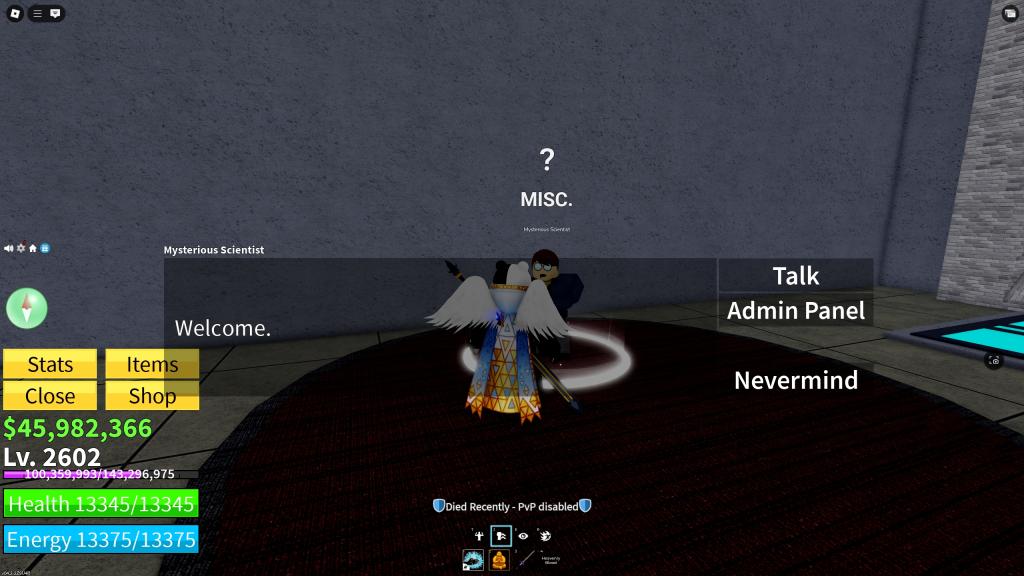 A Blox Fruits player is talking to the Mysterious Scientist NPC