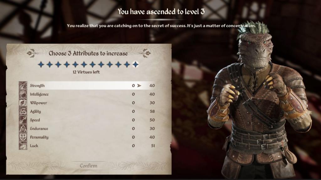 The level up screen with an argonian character, showing their stat improvements
