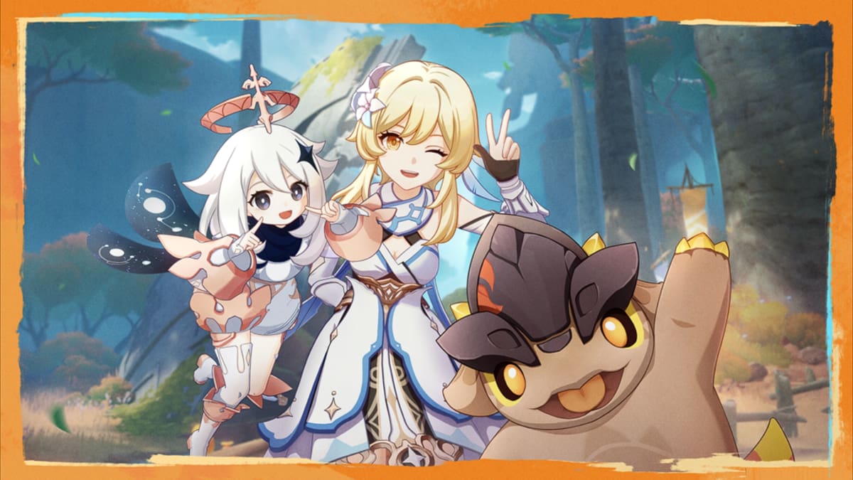 Paimon, traveler, and the saurian companion in genshin impact