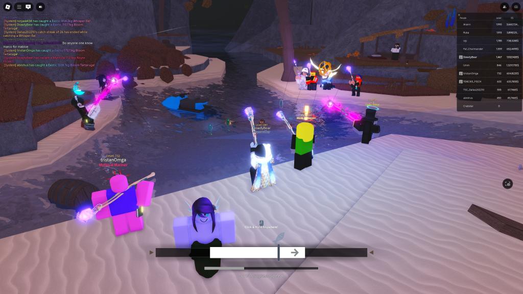 A few players are fishing at the Isle of New Beginnings in Fisch