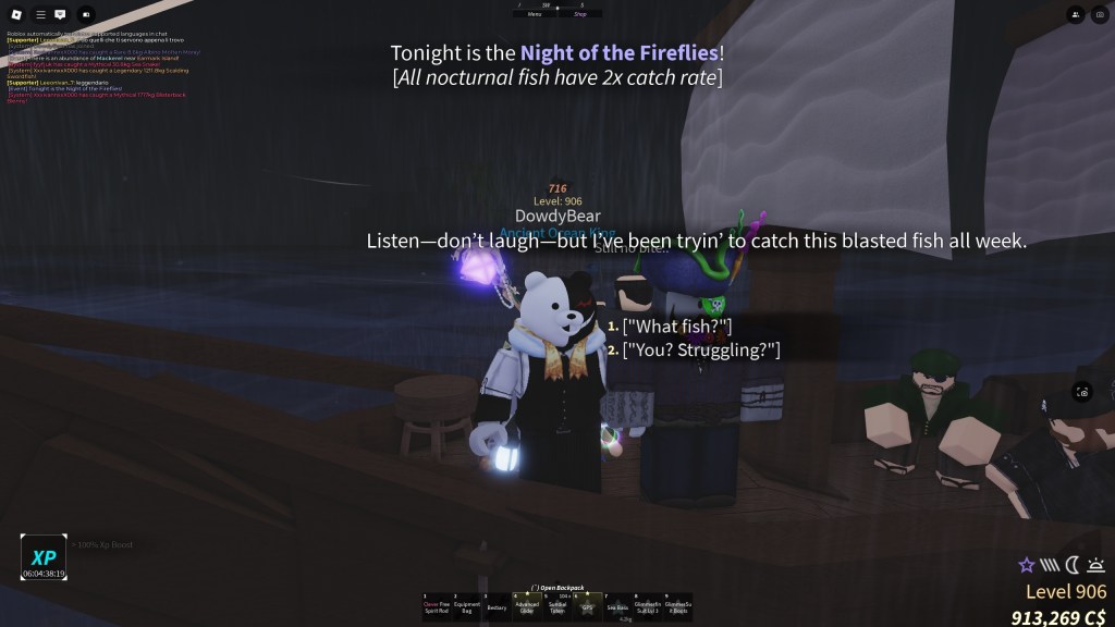 A Fisch player is talking to a Pirate NPC quest giver