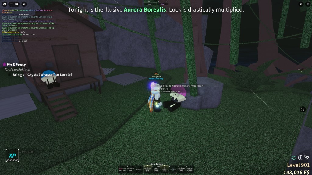 A Fisch player is accepting a quest from a mushroom NPC