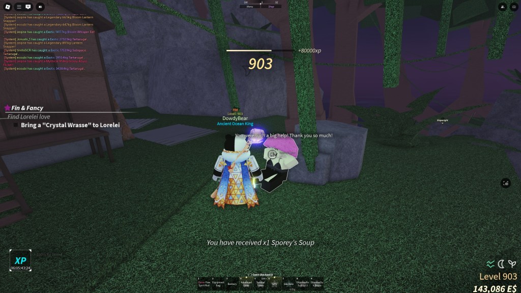 A Fisch player is turning in the Spore Soup Quest