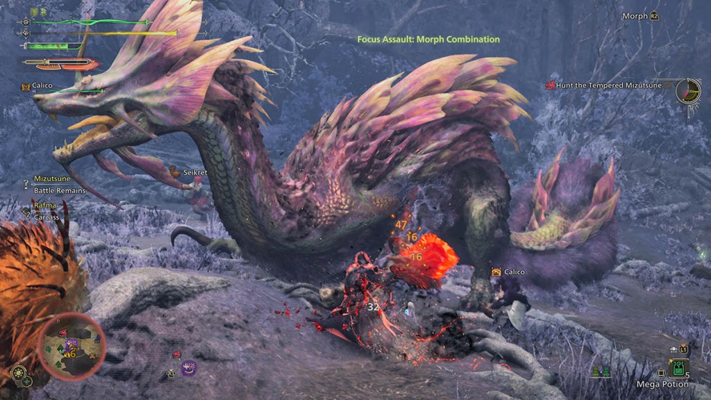 The Hunter faces a Tempered Mizutsune. in MH Wilds.