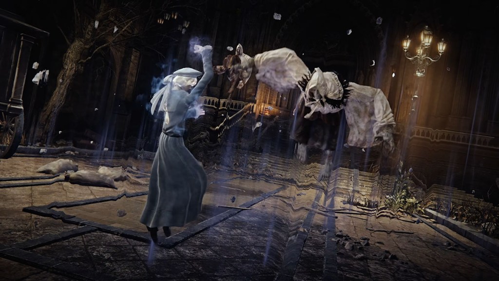 A female figure in a blue-grey dress using some sort of misty magic.