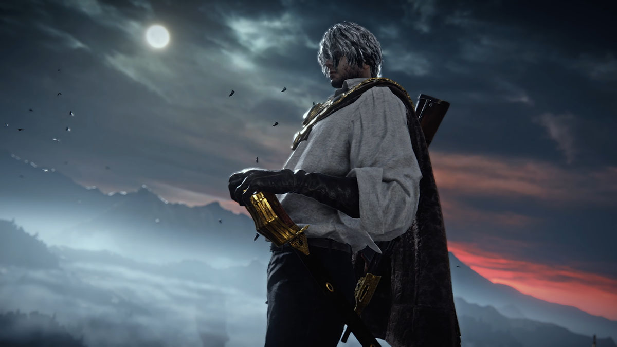 A man in a white tunic stands in front of a cloudy sky background.