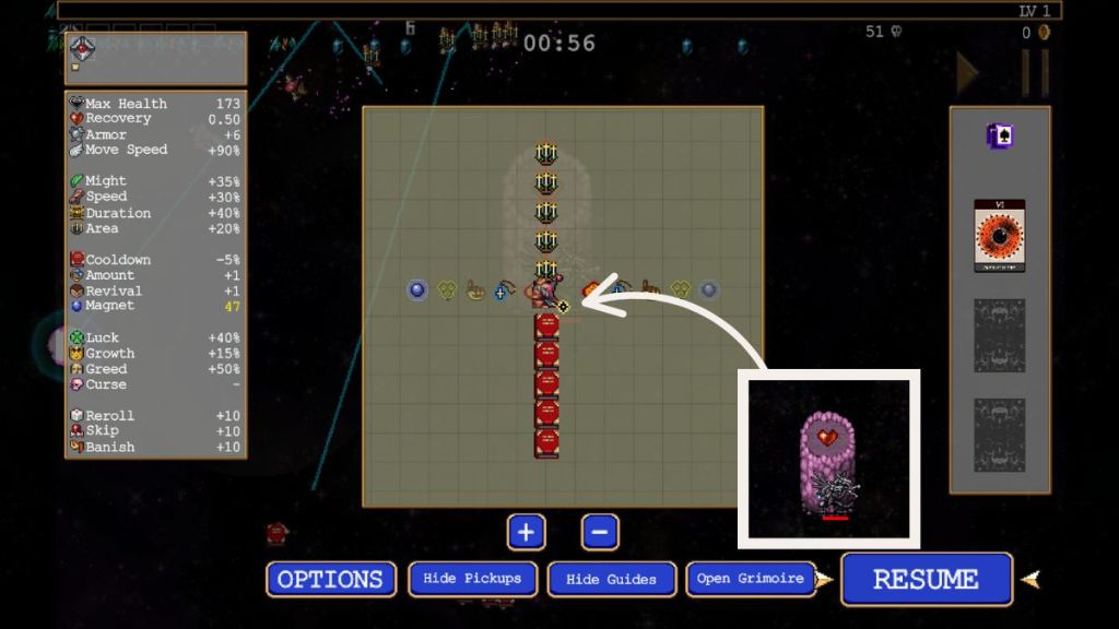 A look at the Vampire Survivors map screen for the space level, pointing at the location of the heart item required for this secret