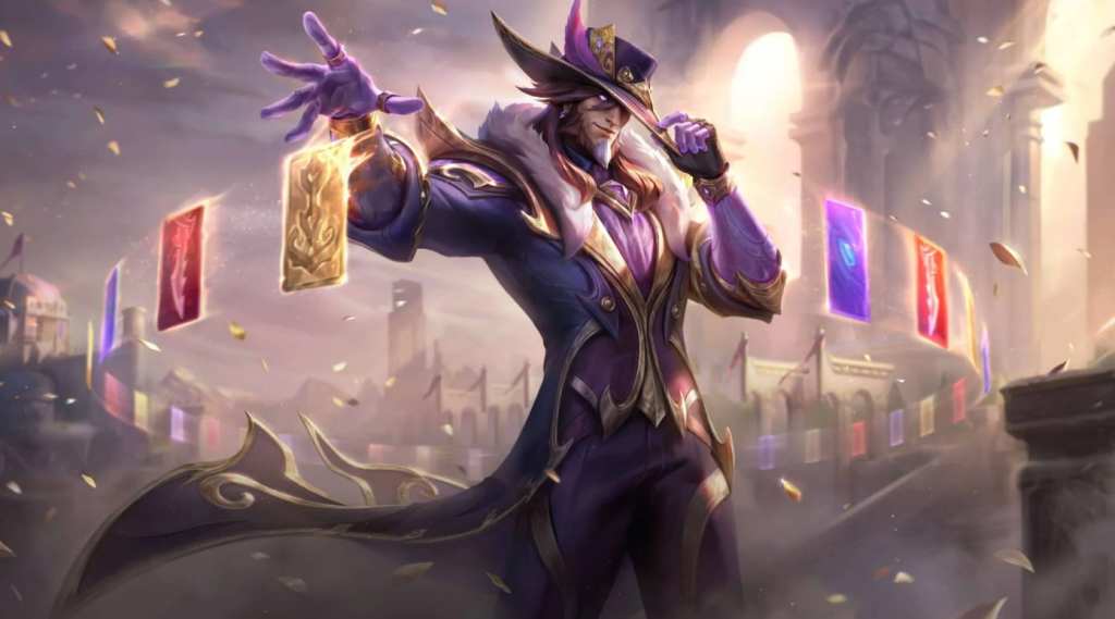 The splash art for Twisted Fate holding out a row of colorful cards as he tips his hat.