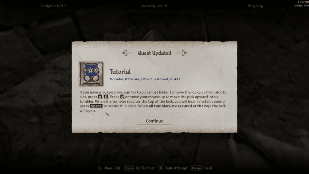 A screenshot from Oblivion Remastered showing information about how to pick locks