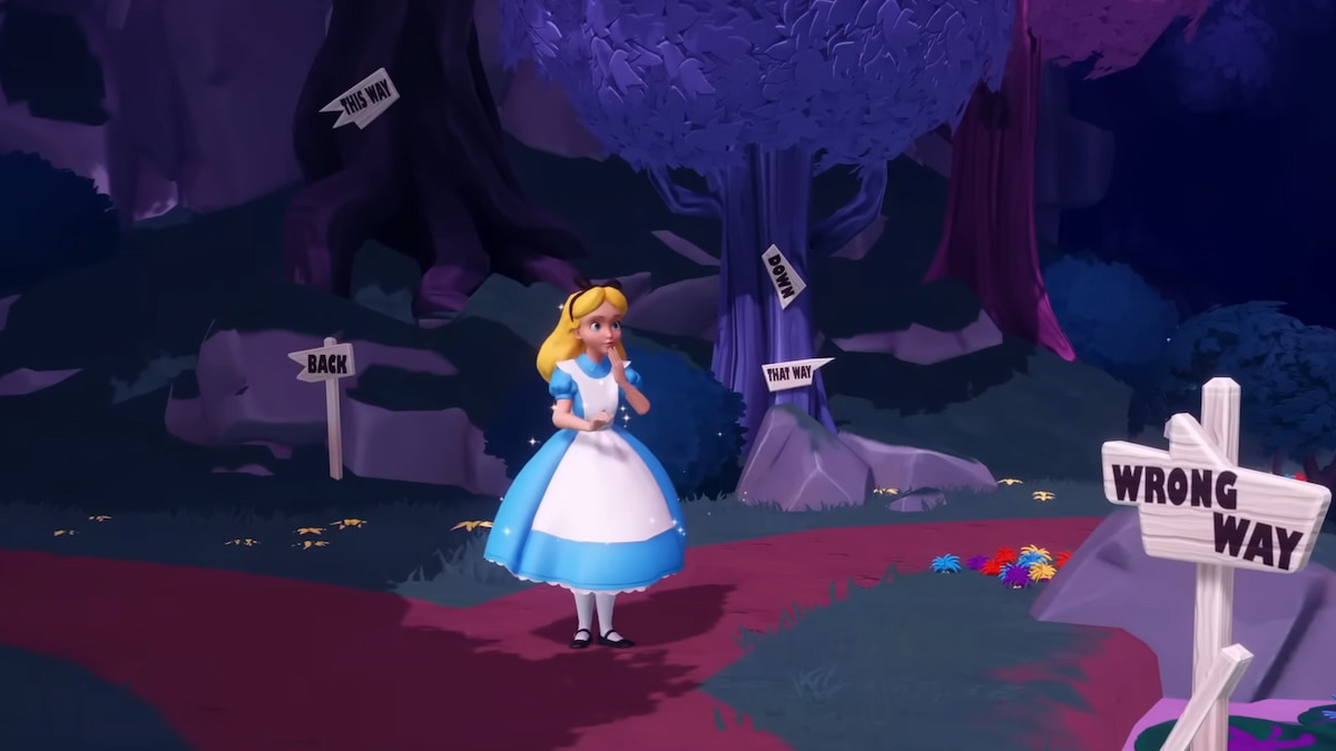 Alice wandering through a forest in a Realm in Disney Dreamlight Valley.