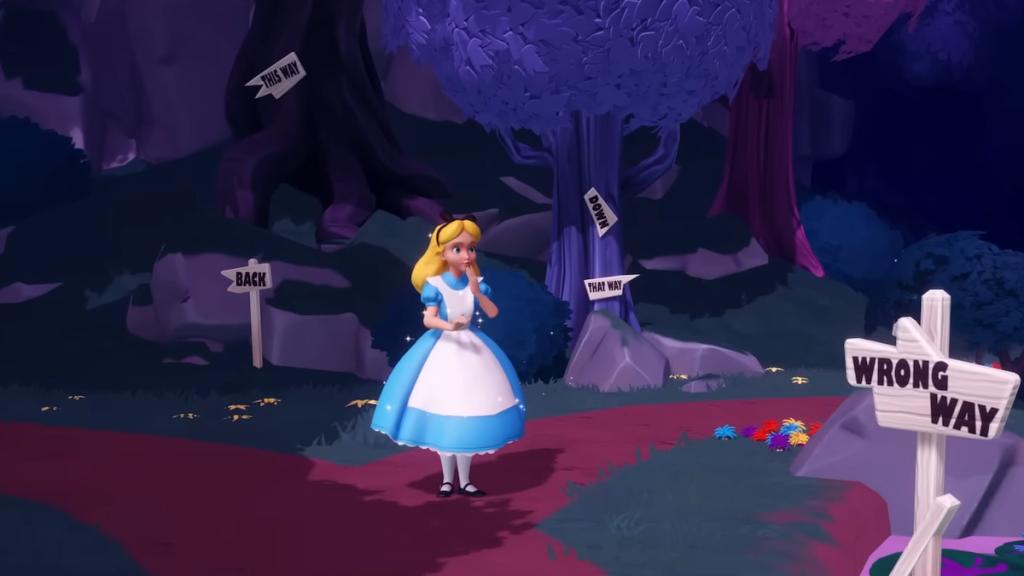 Alice wandering through a forest in a Realm in Disney Dreamlight Valley.