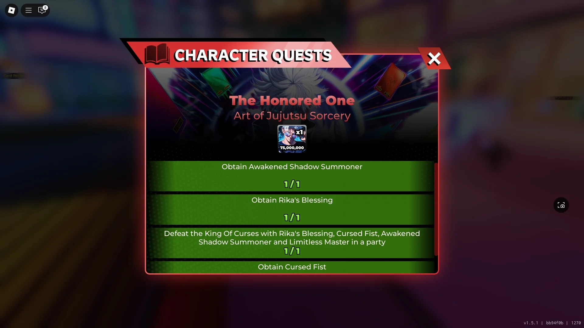 Quest menu for the Awakened Limitless Master questline in Anime Card Clash Roblox experience