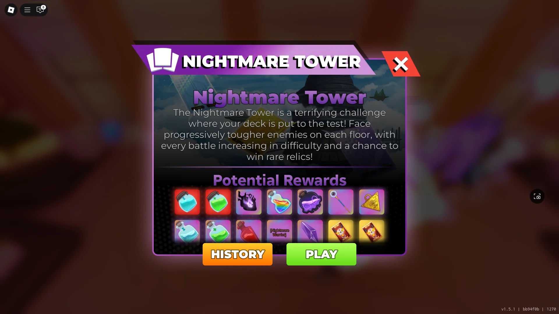 The rewards screen of the Nightmare Tower challenge in the Anime Card Clash Roblox experience