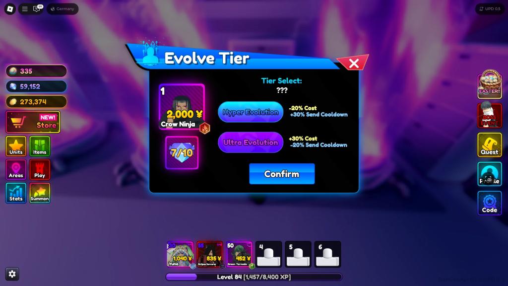 Preview of the Evolve Tier menu that allows you to Hyper and Ultra Evolve units in the Anime Rangers X Roblox experience