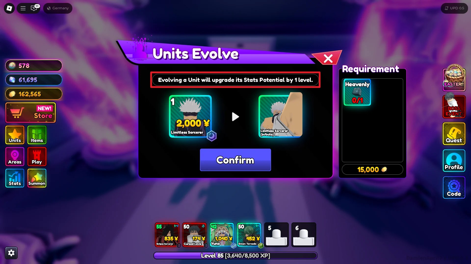 A player showing how to evolve a unit in Anime Rangers X Roblox experience and raise its stats potential by one grade.