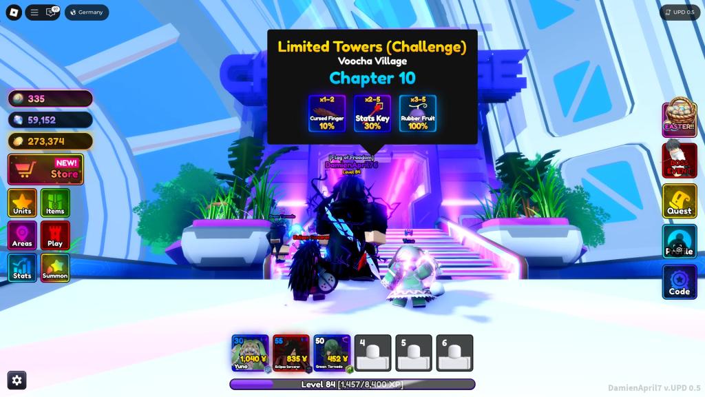 A player standing in front of the Challenge area that sometimes grants Stats Keys as a reward in the Anime Rangers X Roblox experience