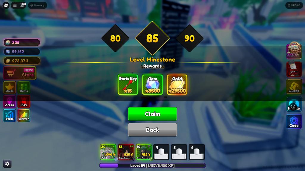 Preview of the level milestone rewards that grant players a certain amount of Stats Keys in the Anime Rangers X Roblox experience