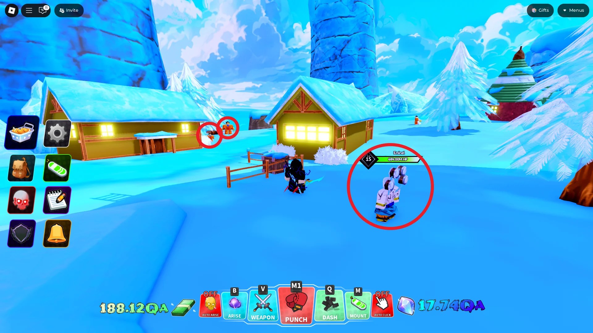 A player showing a nice spot for farming EXP and leveling up Shadows on the Brum Island in the Arise Crossover Roblox experience