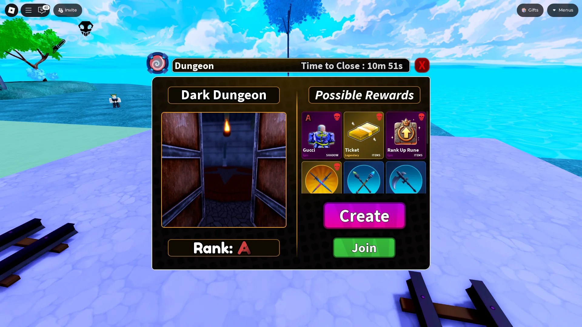 Preview of the Dungeon menu in the Arise Crossover Roblox experience