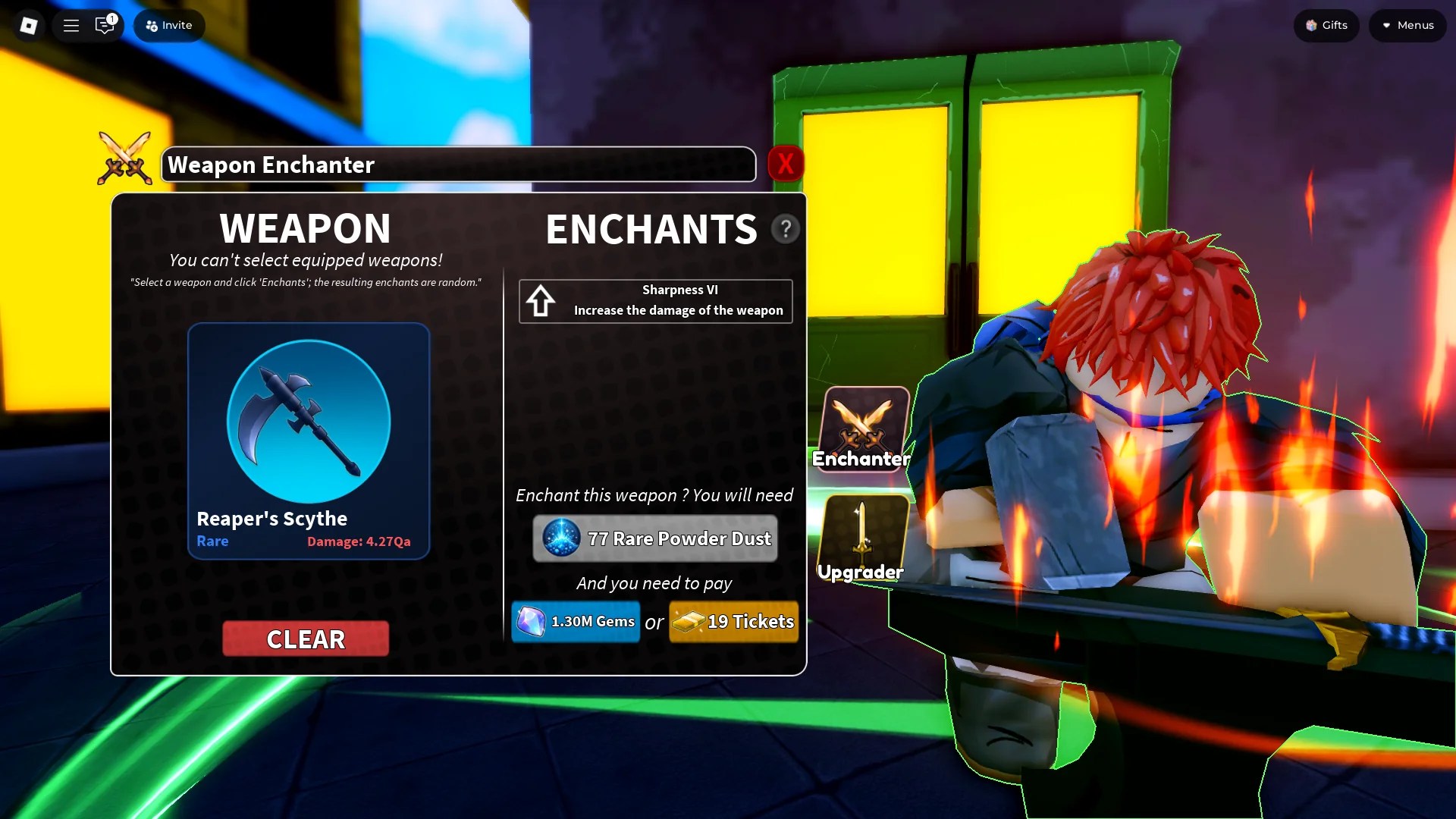 Preview of the enchant weapon menu with the Reaper's Scythe in it in the Arise Crossover Roblox experience