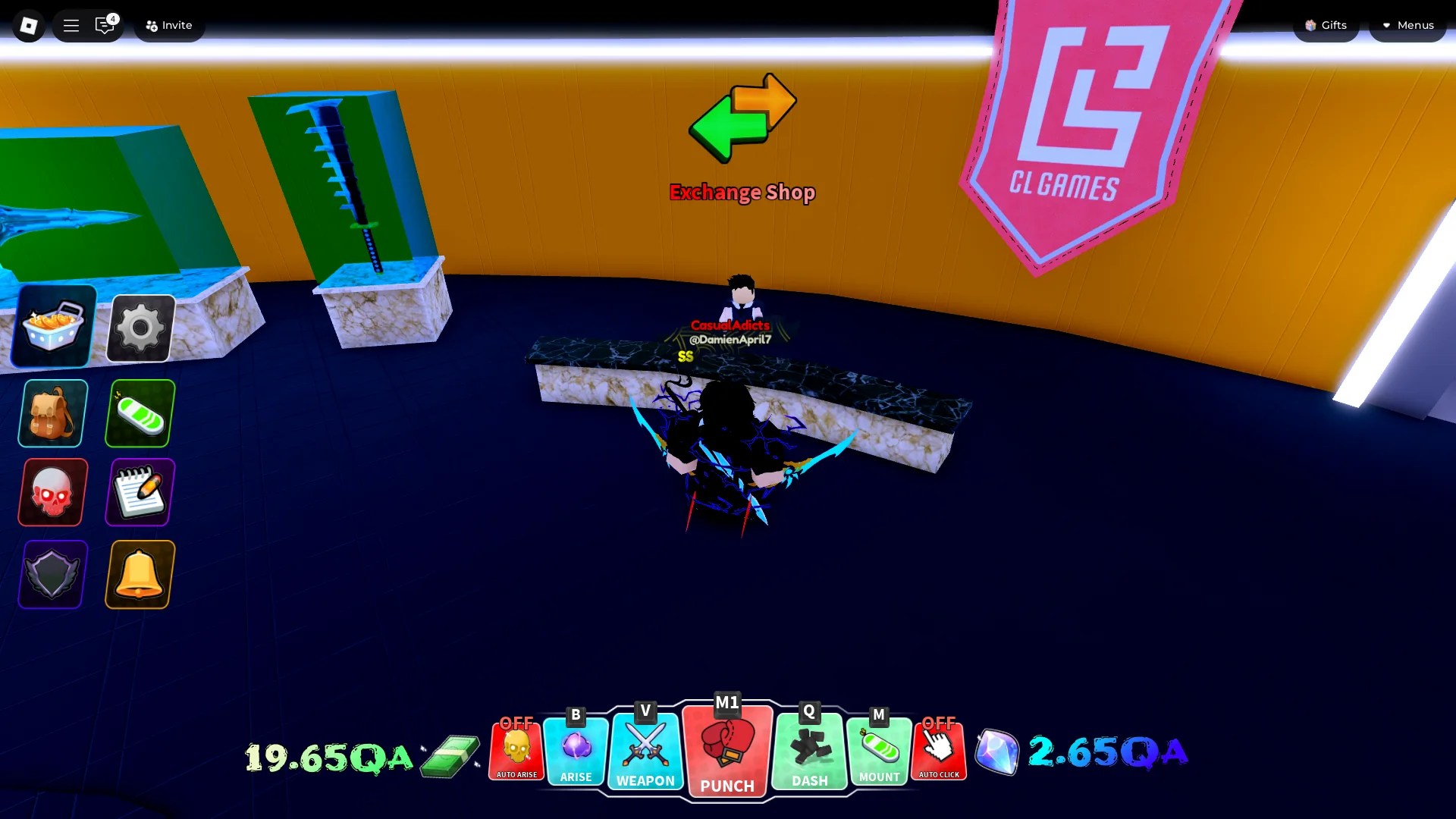 A player showing the location of the Exchange Shop on the upper floor of the Guild building in Arise Crossover Roblox experience
