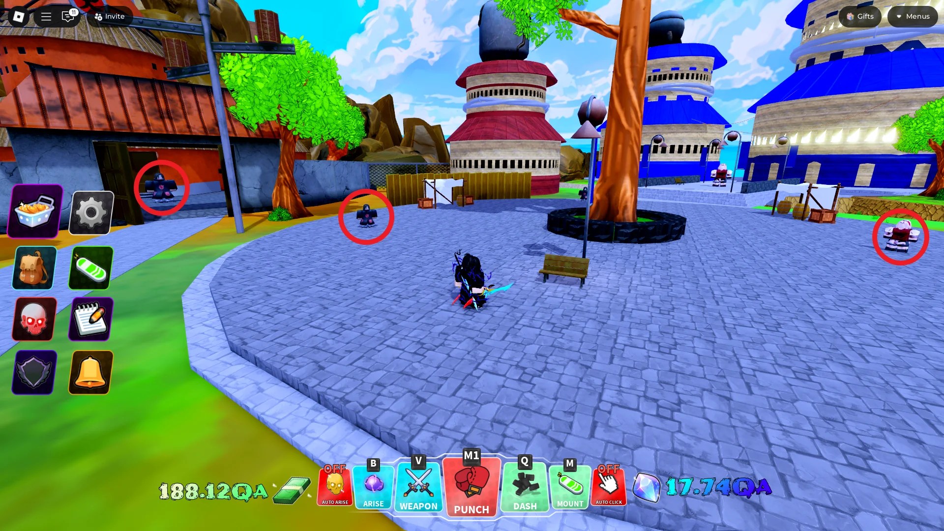 A player showing a nice spot for farming EXP and leveling up a Shadow on Grass Village Island in the Arise Crossover Roblox experience.