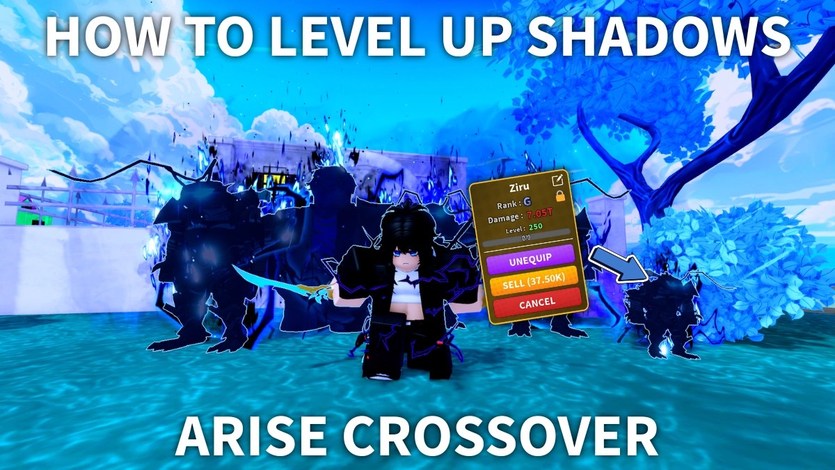 A player standing alongside their Shadows with the Ziru G stat block next to them in Arise Crossover Roblox experience