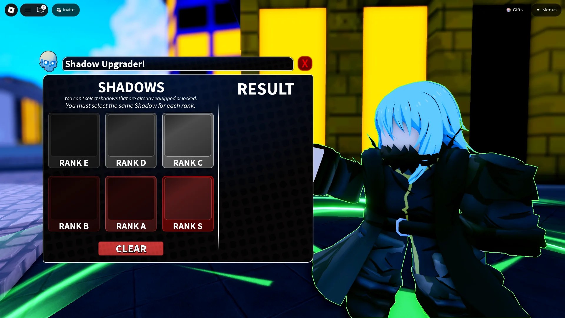 Preview of the Shadows Upgrade menu through which you can get SS-tier Shadows in Arise Crossover Roblox experience