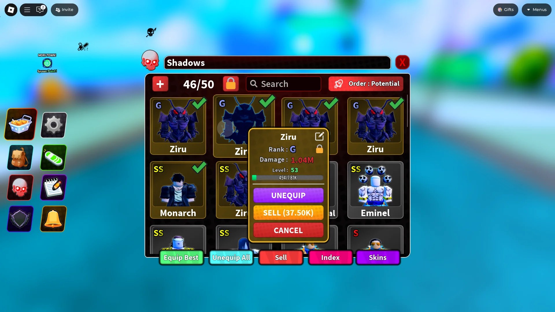 Preview of the Shadows menu with the stat block of a level 44 Ziru G Shadow highlighted on it in Arise Crossover Roblox experience