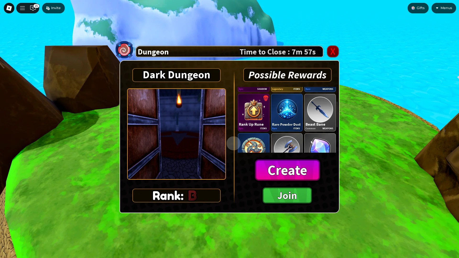 Preview of the C and B-rank Dungeon ranks that contain Rare Powder Dust as well in the Arise Crossover Roblox experience