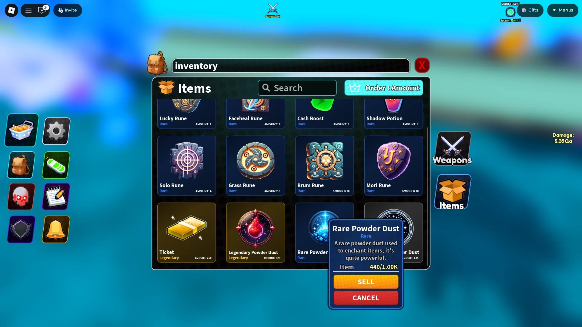 A player showing Rare Powder Dust in their inventory in the Arise Crossover Roblox experience