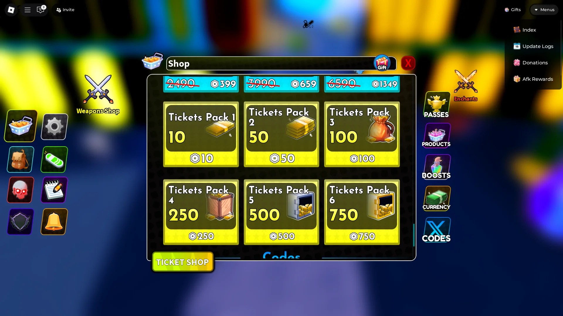Preview of the available Ticket bundles in the Shop in Arise Crossover Roblox experience