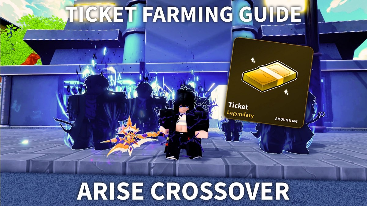 A player standing in front of the Guild building in Arise Crossover with Tickets around him