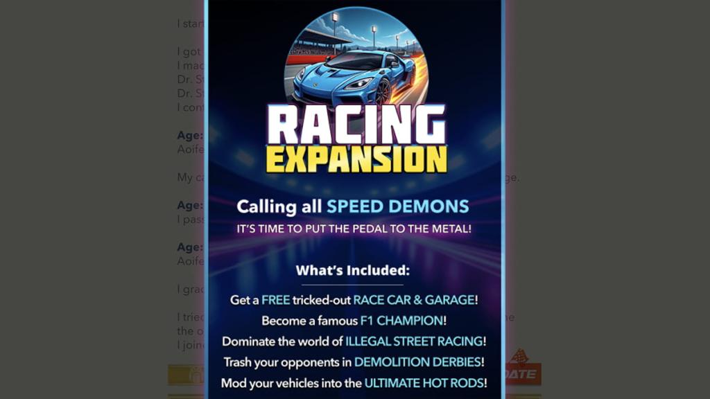 BitLife racing expansion pack description