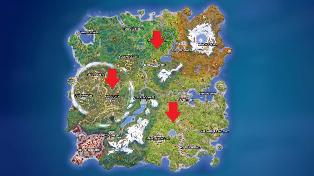 All three Black Market locations marked on a map in Fortnite