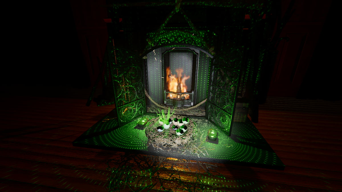A Forest Minion sitting in a nest by a fireplace in Phasmophobia