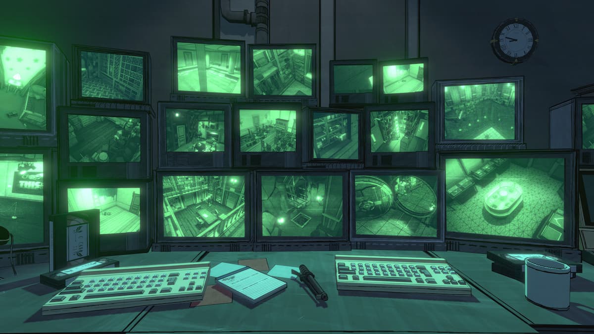 a surveillance room tinged in green with monitor screens on a desk