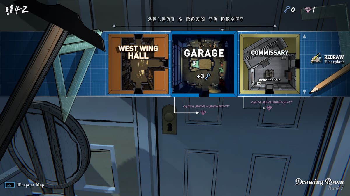 three room options including west wing hall, garage, and commisary in blue prince