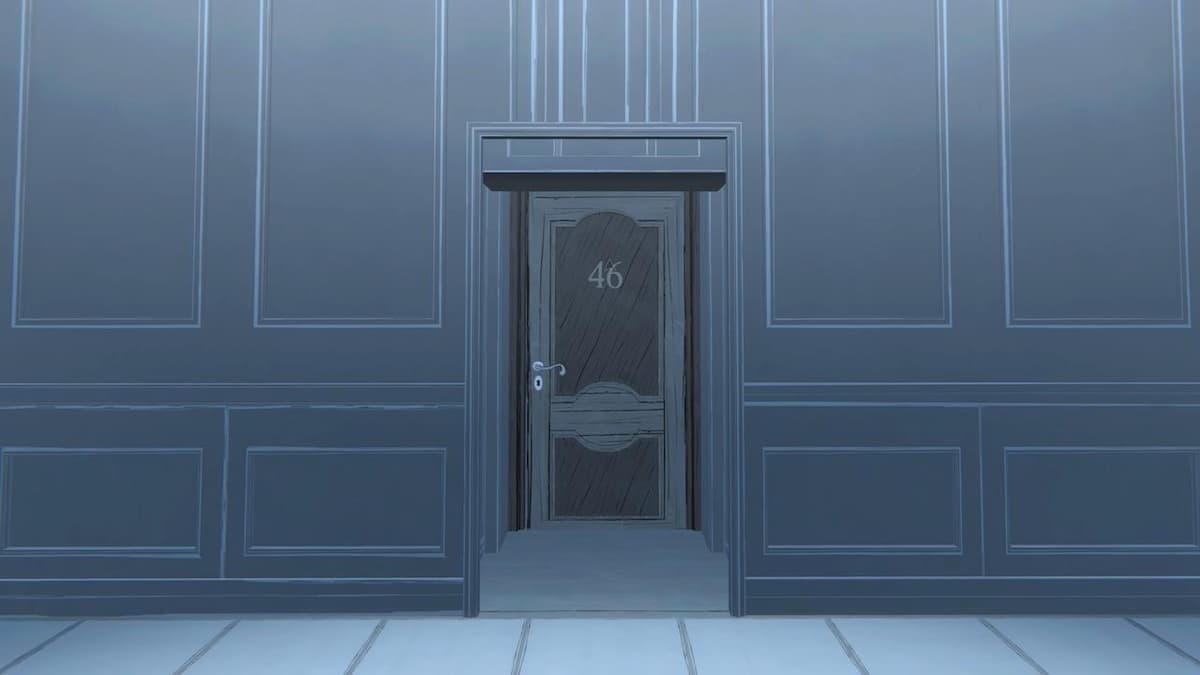 a door in the middle of a room with 46 on it