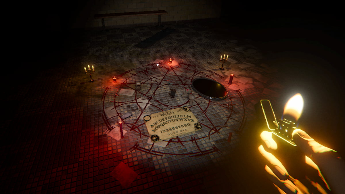 All seven cursed objects gathered on the red summoning circle in phasmophobia