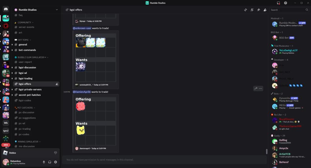 Preview of the #bgsi-offers channel on the official Discord server of the Bubble Gum Simulator INFINITY Roblox experience
