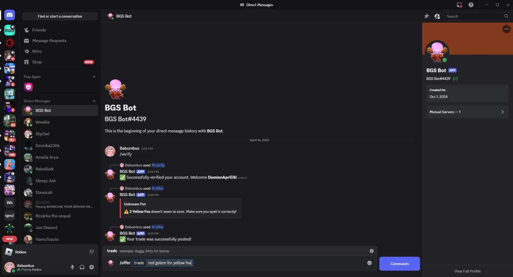 How to make a trade offer using the BSG Bot on Discord in Bubble Gum Simulator INFINITY Roblox experience