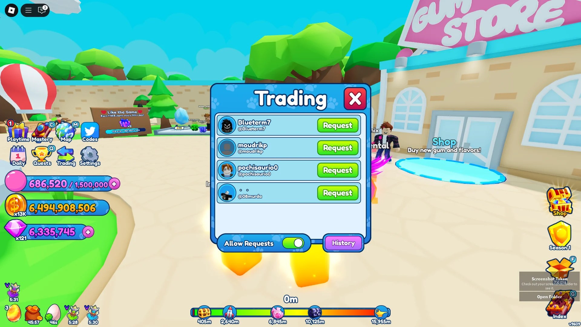 Preview of the trade invite window in Bubble Gum Simulator INFINITY Roblox experience