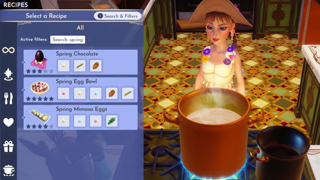 The three spring taste teste recipes about to be cooked including the Spring Chocolate, Spring Egg Bowl, and Spring Mimosa Eggs in Disney Dreamlight Valley.