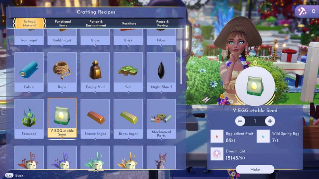 Crafting a V-EGG-etable Seed in Disney Dreamlight Valley. 