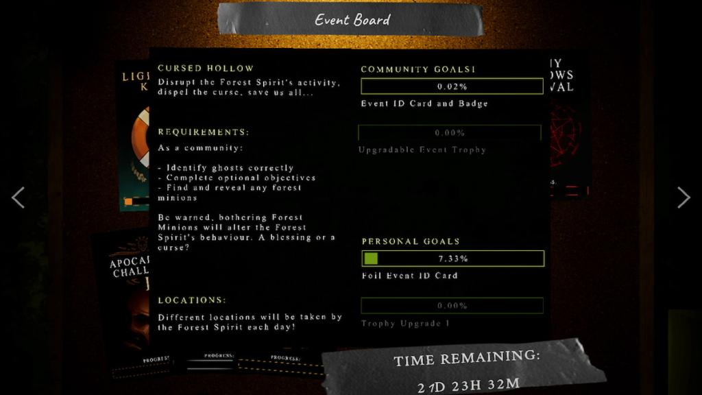 The cursed hollow event board with rewards and tasks listed in phasmophobia