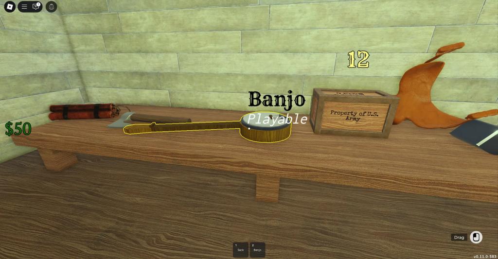 A player finding a Banjo in the General Store in Dead Rails Roblox experience